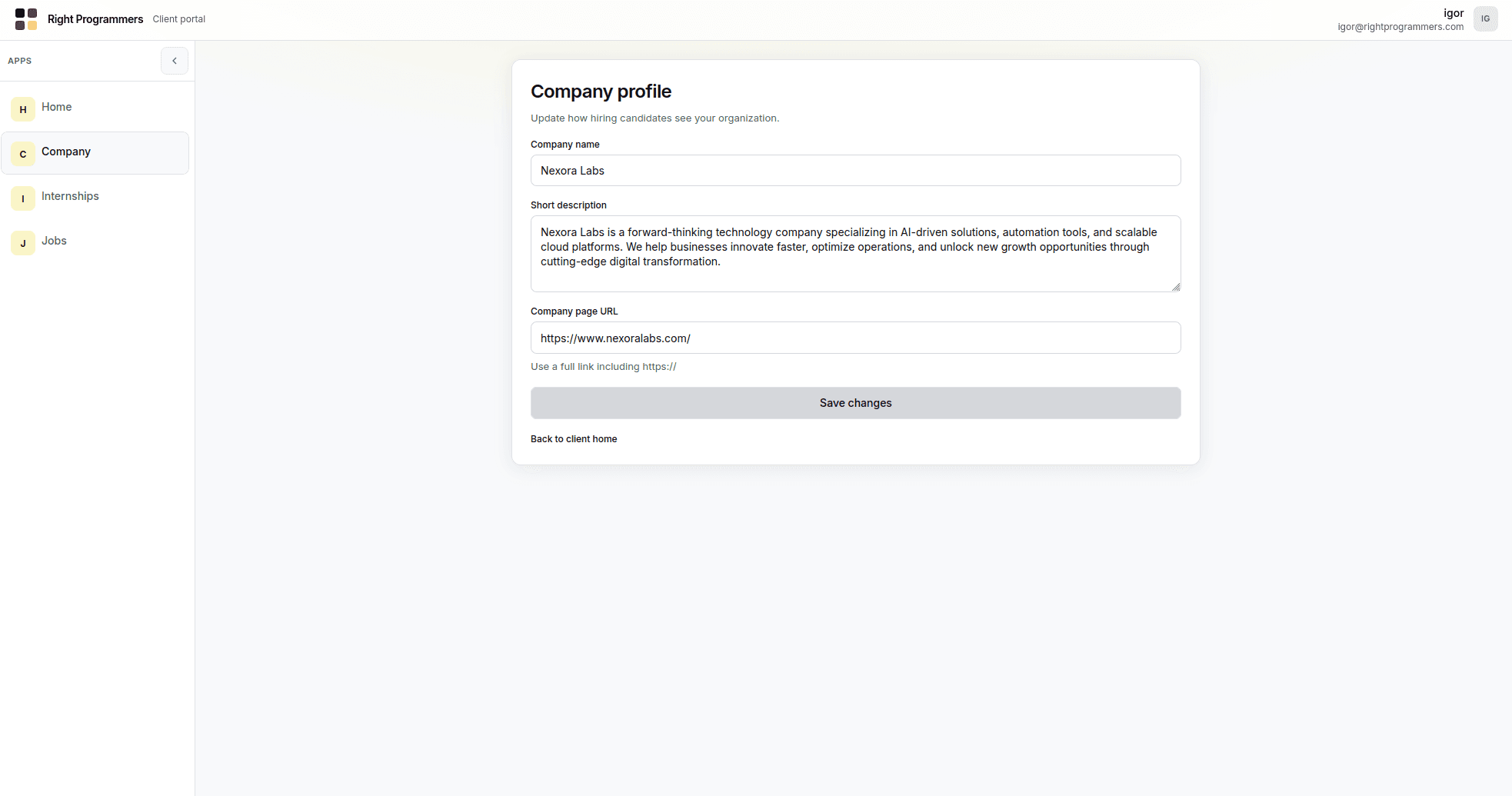 Company details screen in the client portal
