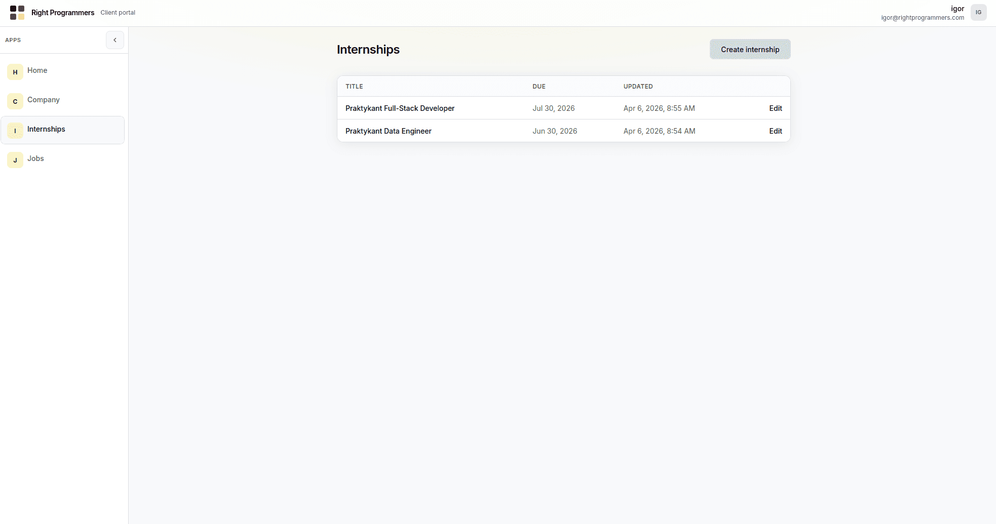Internships list screen in the client portal