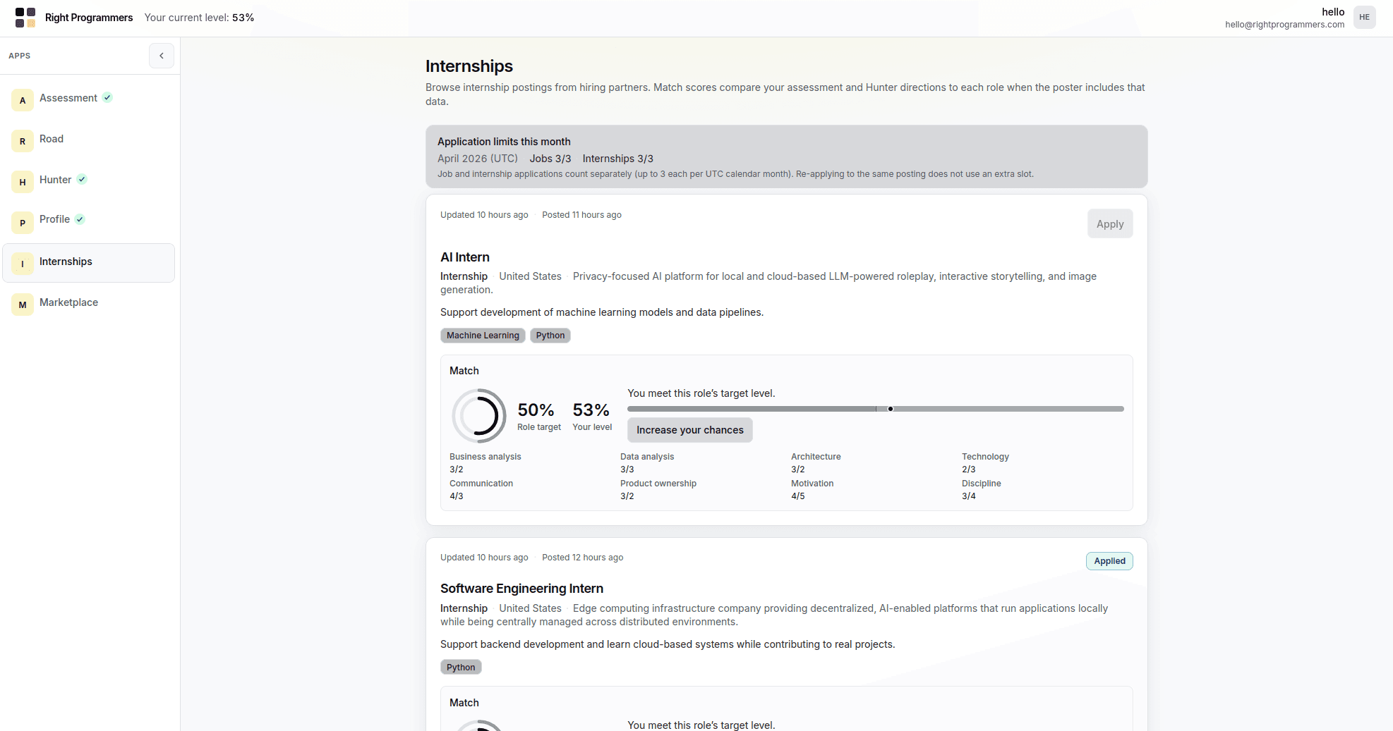 Developer dashboard showing internship and job listings with match scores and apply flow.