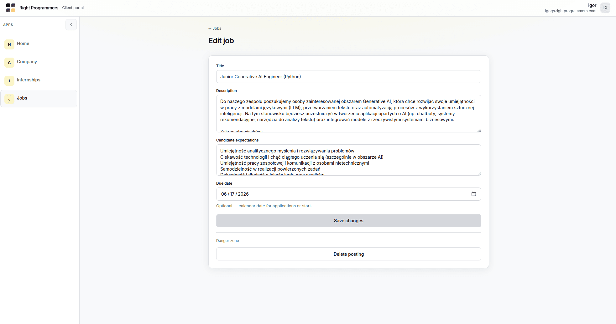 Job details screen in the client portal